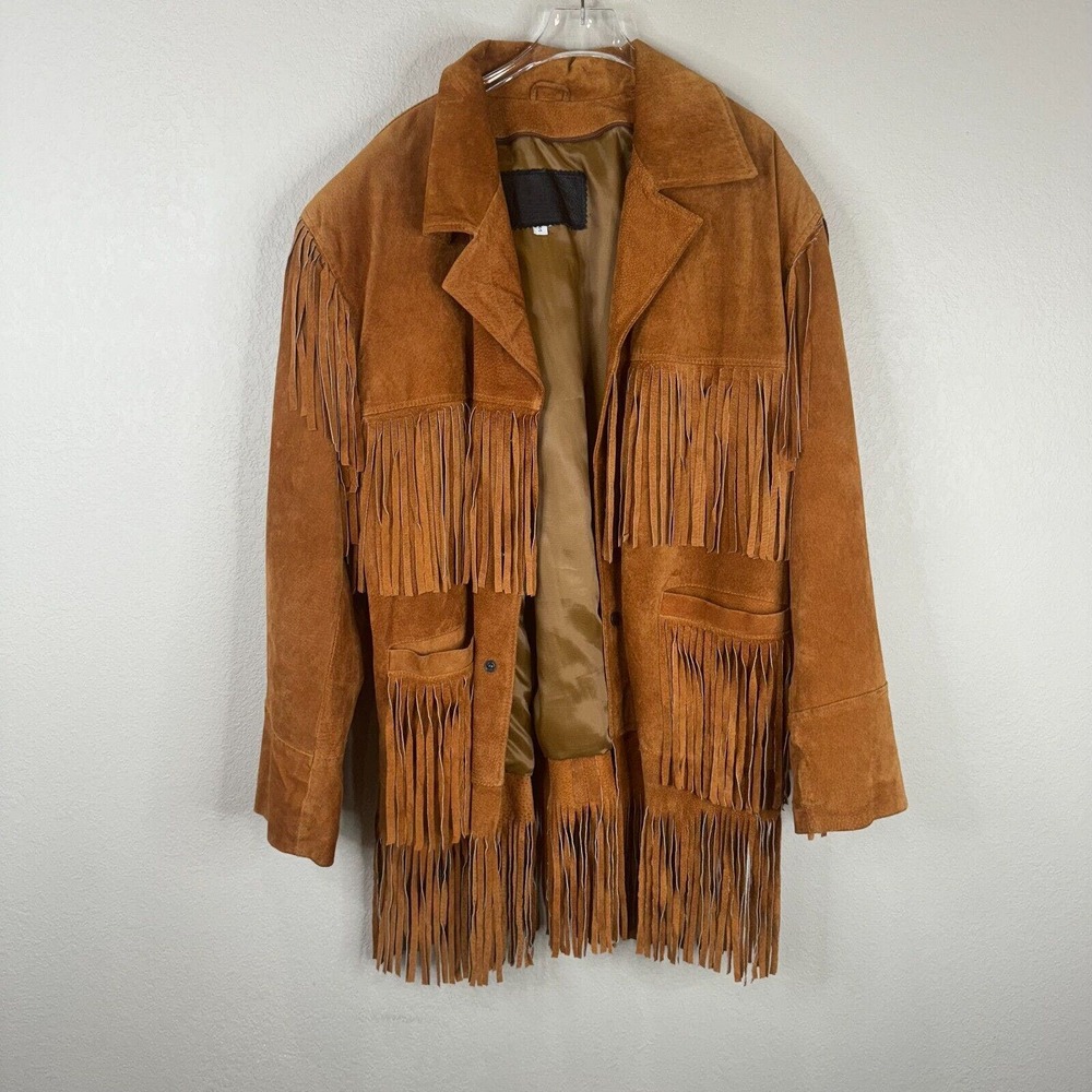 Vintage Euro Men S‎ Fringe Leather Jacket Long Sleeve Terracotta Boho Southwest